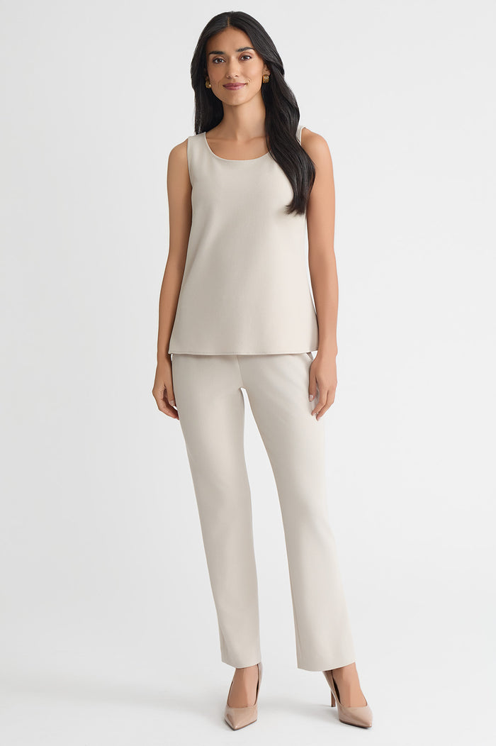 Plus Size Stretch Deco Crepe Scoop Neck Tank, Limestone, Limestone | Ming Wang