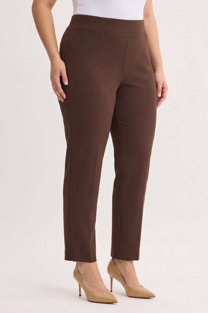 Plus Size Stretch Deco Crepe Straight-Leg Pants, Dark Umber, Dark Umber | Ming Wang
