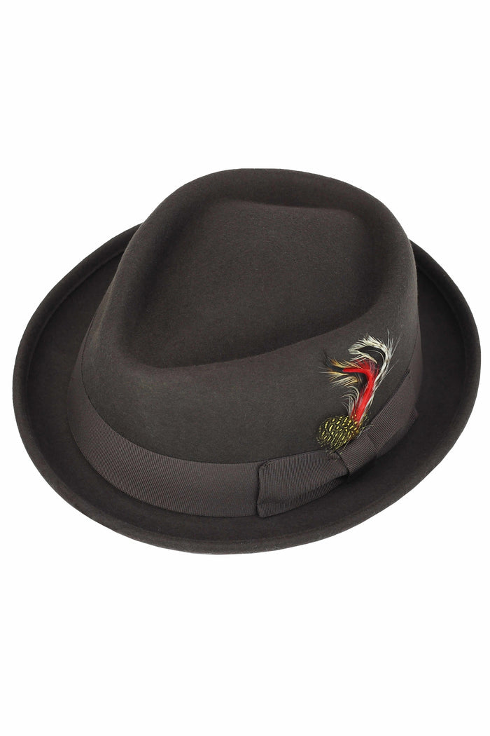 Pork Pie Brown Hat 100% Wool Felt Diamond Shape Crown - DC-310
