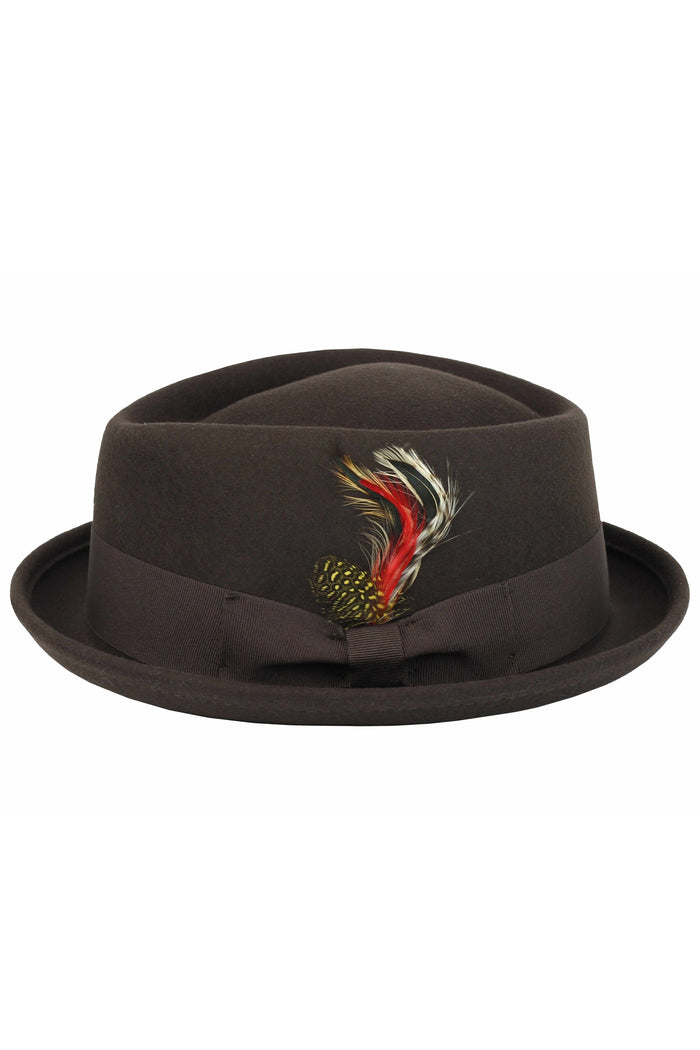 Pork Pie Brown Hat 100% Wool Felt Diamond Shape Crown - DC-310
