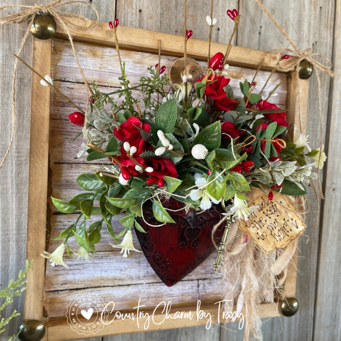 Primitive Country Tin Heart Floral Shadow Box Decor
