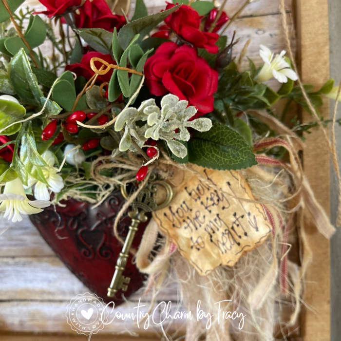 Primitive Country Tin Heart Floral Shadow Box Decor