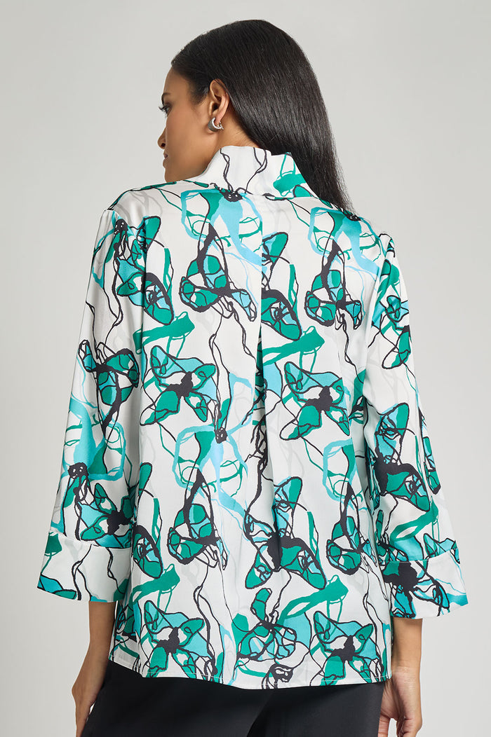 Printed Charmeuse Tunic, Emerald Awe/Lunar Rock/Calypso Blue/White/Black | Ming Wang