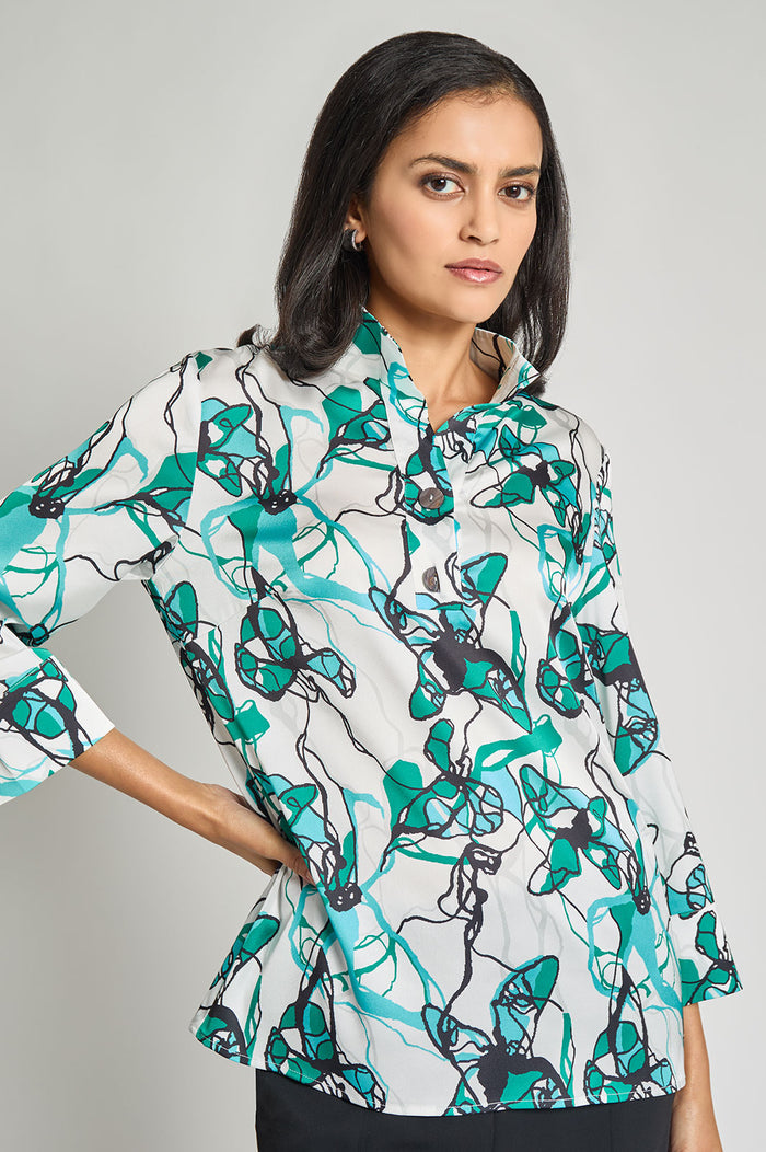 Printed Charmeuse Tunic, Emerald Awe/Lunar Rock/Calypso Blue/White/Black | Ming Wang