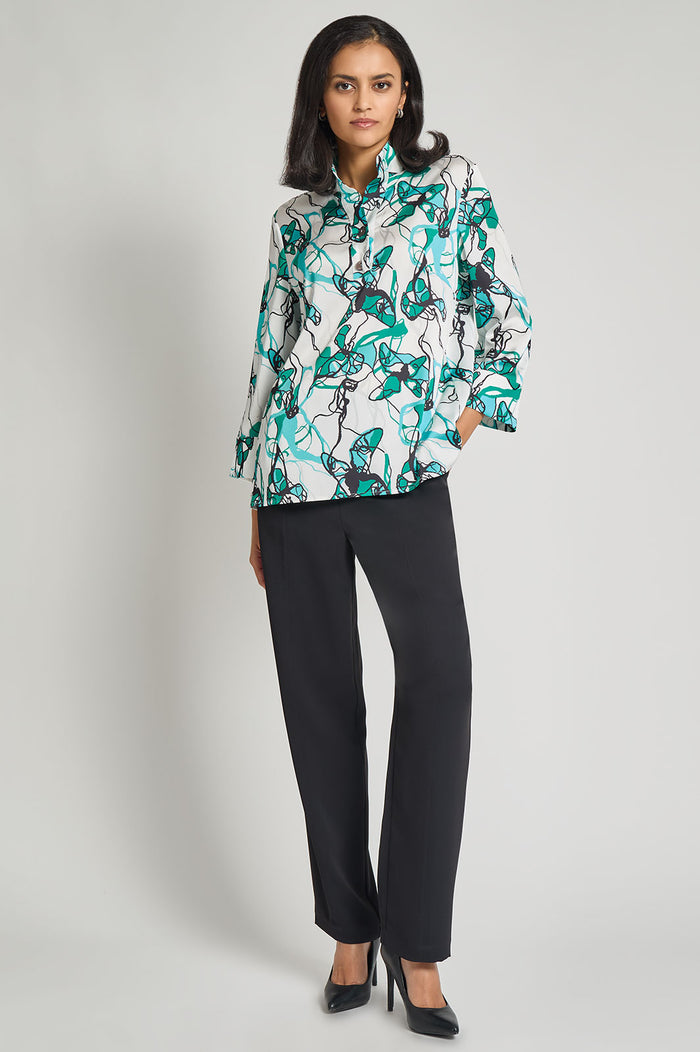 Printed Charmeuse Tunic, Emerald Awe/Lunar Rock/Calypso Blue/White/Black | Ming Wang