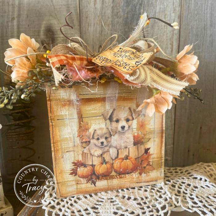 Pumpkin Wishes and Puppy Kisses 5x5 Wood Block Decor - Primitive Fall Shelf Sitter