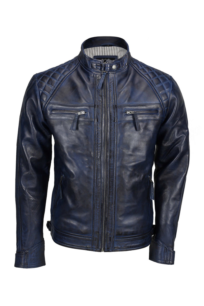 QUILTED BLUE BIKER LEATHER JACKET