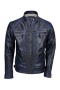 QUILTED BLUE BIKER LEATHER JACKET