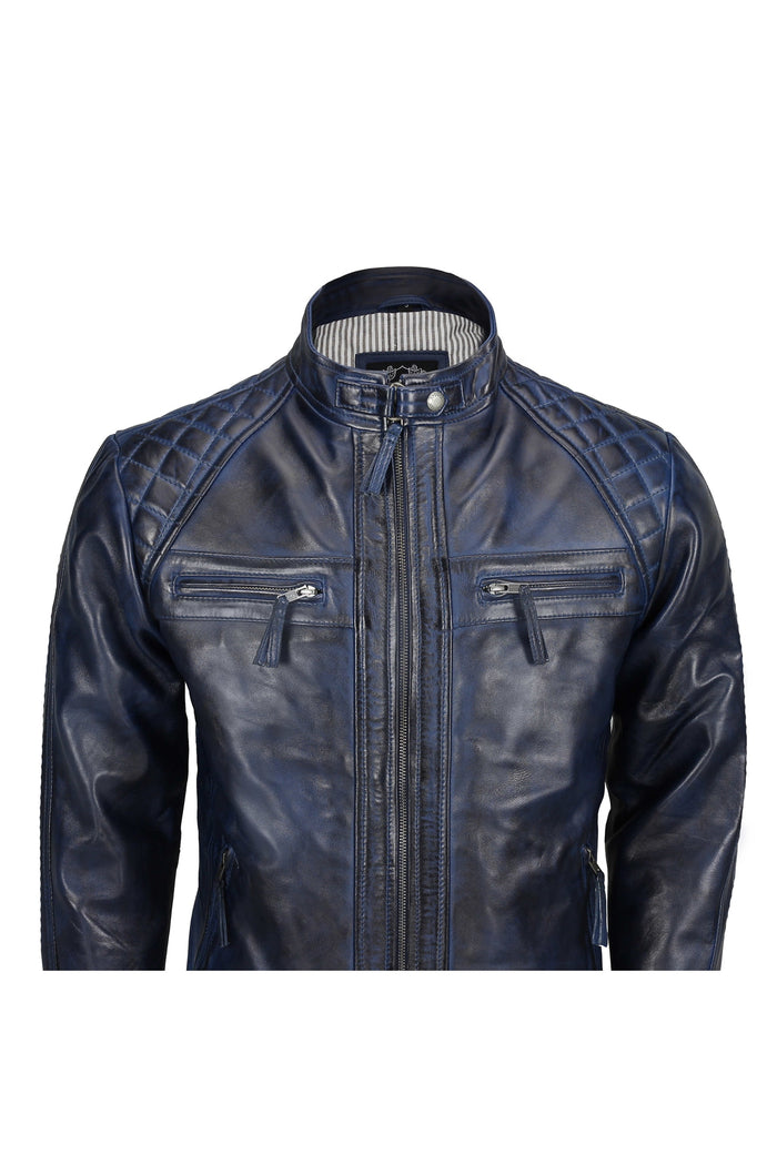 QUILTED BLUE BIKER LEATHER JACKET