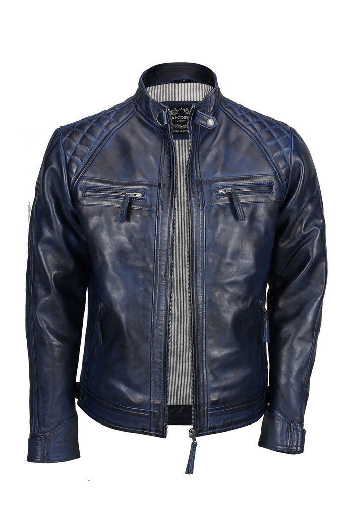 QUILTED BLUE BIKER LEATHER JACKET