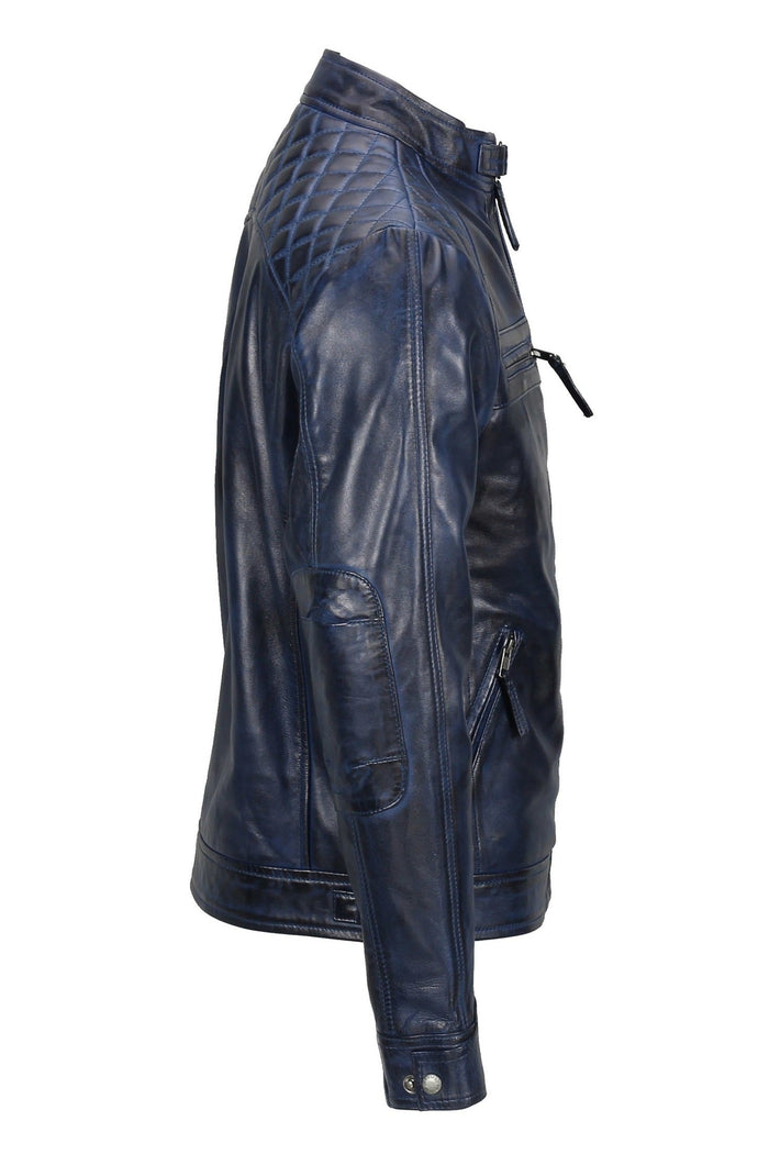 QUILTED BLUE BIKER LEATHER JACKET