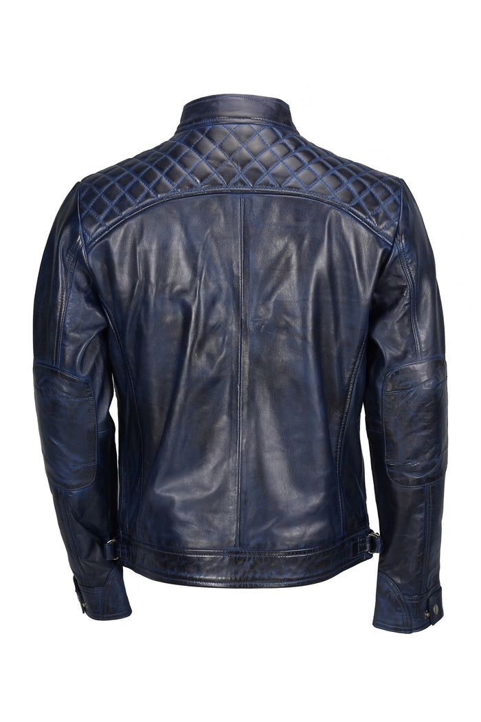 QUILTED BLUE BIKER LEATHER JACKET