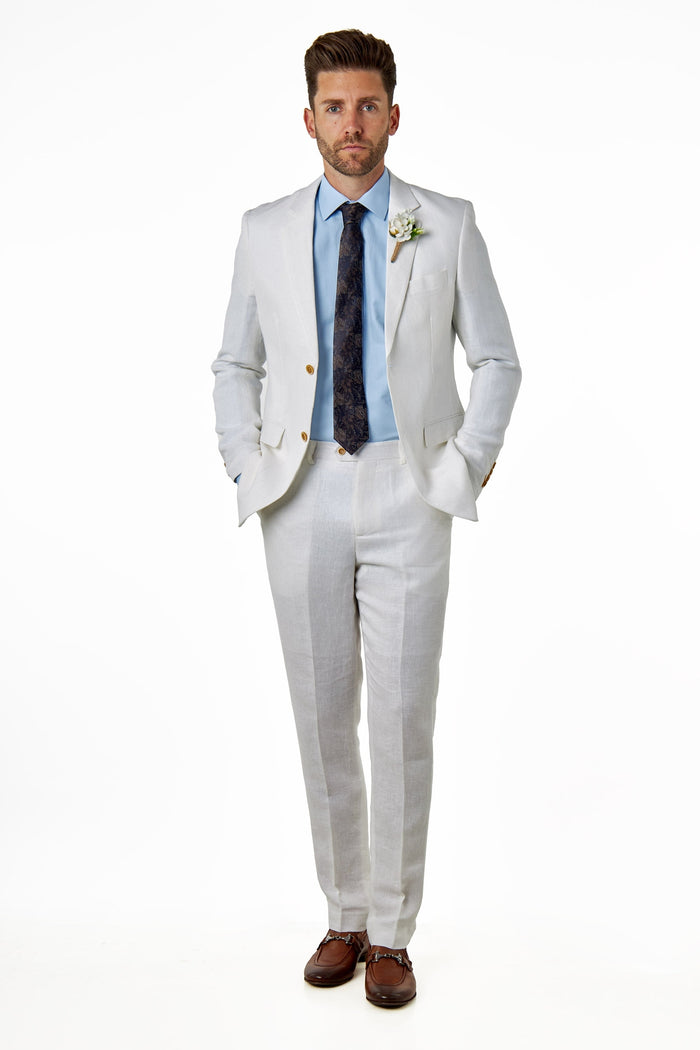 RAY - Tailored Fit Off White Herringbone Linen Suit Jacket