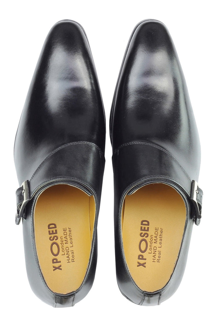 Real Leather Buckle Strap Slip Loafers Black