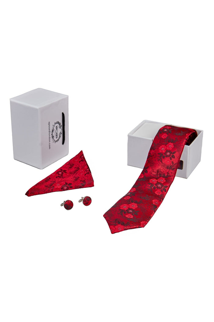 RED FLORAL FOLIAGE PRINT NECK TIE SET