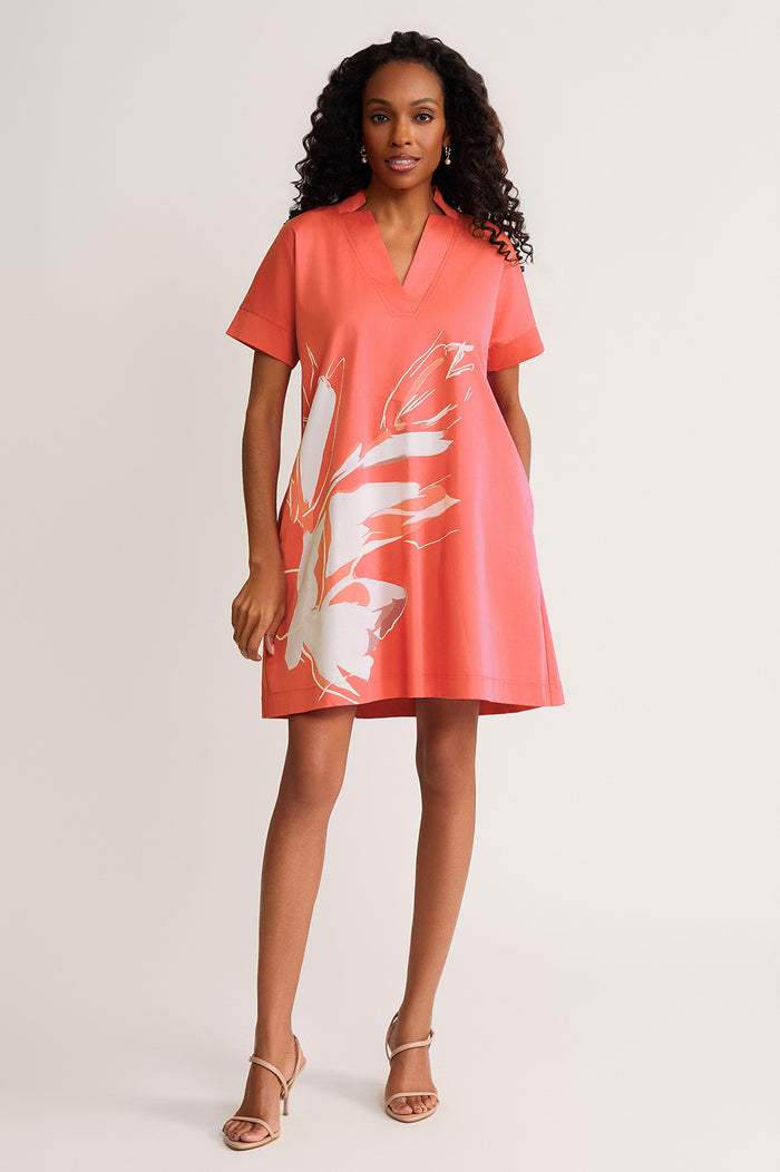 Relaxed A-Line Floral Printed Stretch Cotton Dress, Sunkist Coral/White | Ming Wang