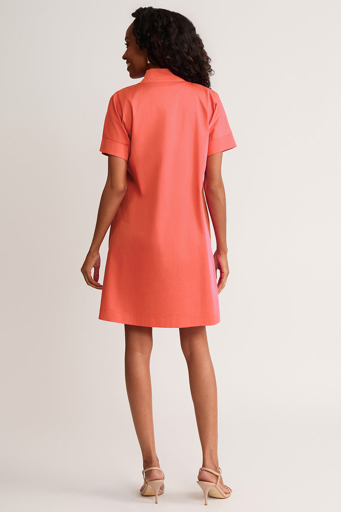 Relaxed A-Line Floral Printed Stretch Cotton Dress, Sunkist Coral/White | Ming Wang