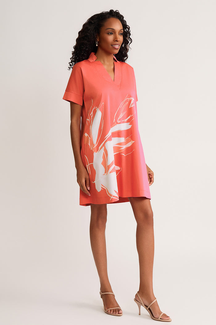 Relaxed A-Line Floral Printed Stretch Cotton Dress, Sunkist Coral/White | Ming Wang