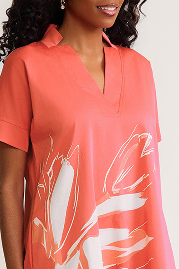 Relaxed A-Line Floral Printed Stretch Cotton Dress, Sunkist Coral/White | Ming Wang