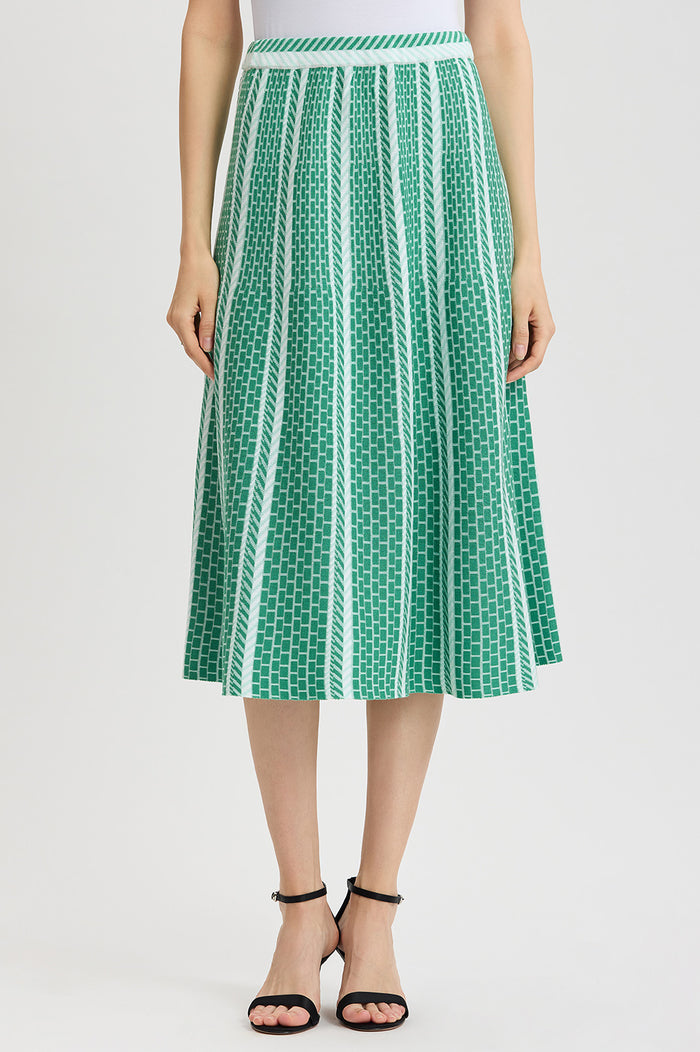Roadmap Pattern Soft Knit Midi Skirt, Kelly Green/Eucalyptus/Ivory | Ming Wang