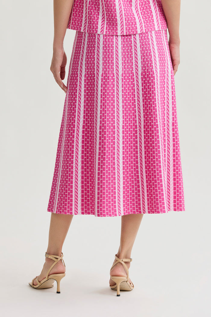 Roadmap Pattern Soft Knit Midi Skirt, Carmine Rose/Perfect Pink/White | Ming Wang