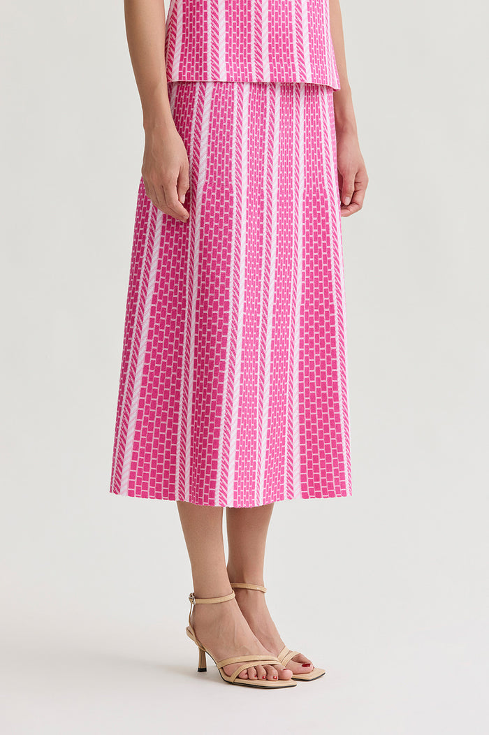 Roadmap Pattern Soft Knit Midi Skirt, Carmine Rose/Perfect Pink/White | Ming Wang