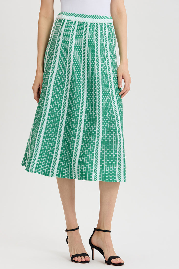 Roadmap Pattern Soft Knit Midi Skirt, Kelly Green/Eucalyptus/Ivory | Ming Wang