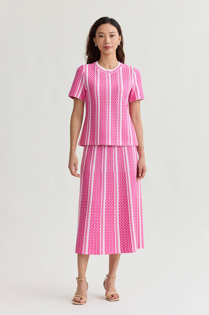 Roadmap Pattern Soft Knit Midi Skirt, Carmine Rose/Perfect Pink/White | Ming Wang
