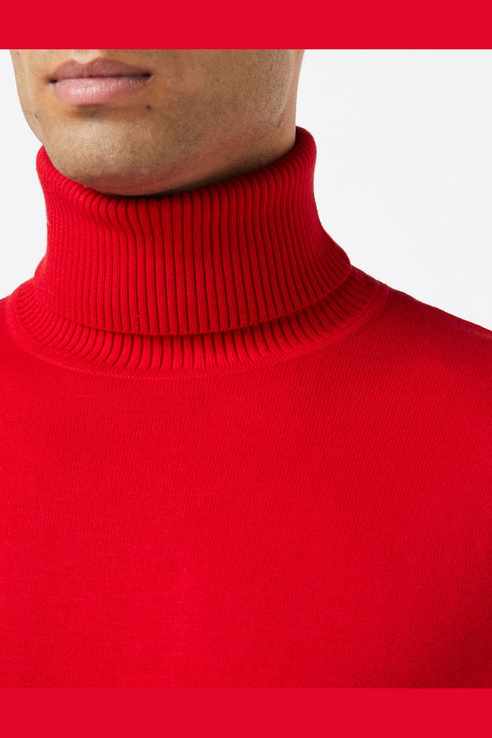 Men's Red Lightweight Stretch Cotton Roll Neck Jumper