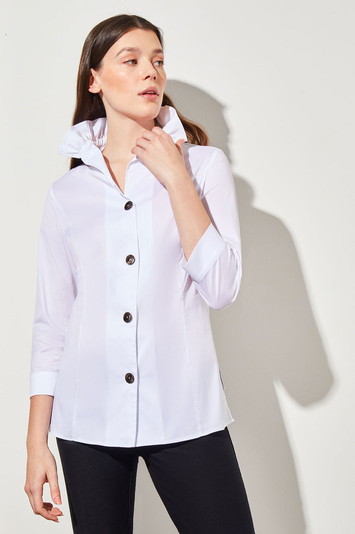 Ruffle Neck Button-Front Cotton Poplin Blouse | Ming Wang