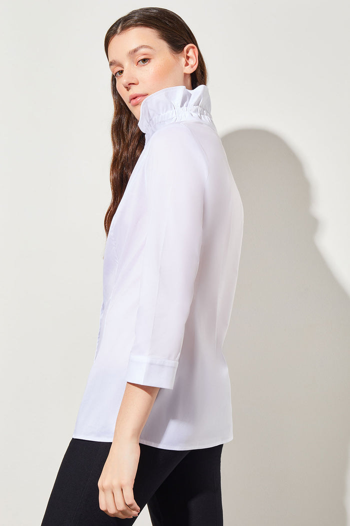 Ruffle Neck Button-Front Cotton Poplin Blouse | Ming Wang