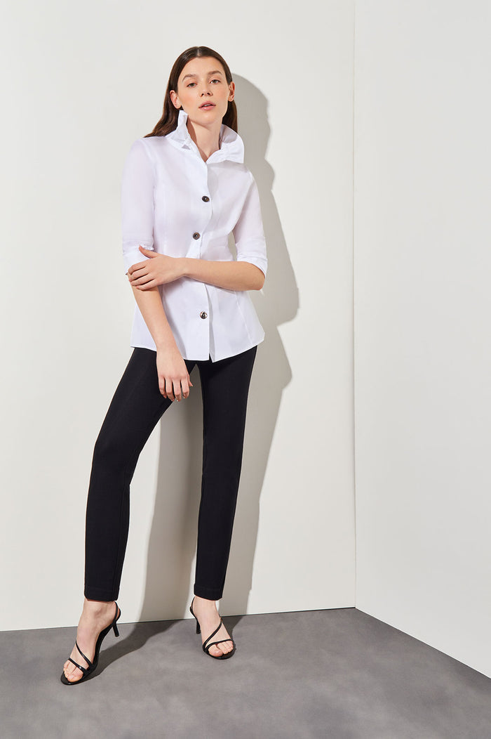 Ruffle Neck Button-Front Cotton Poplin Blouse | Ming Wang
