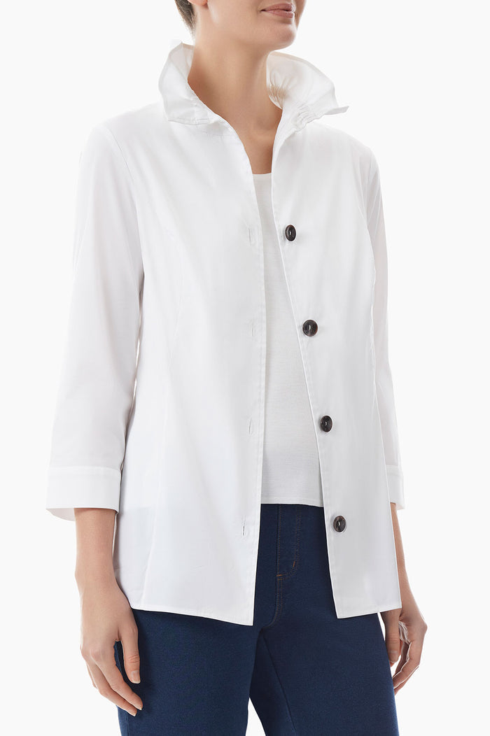 Ruffle Neck Button-Front Cotton Poplin Blouse | Ming Wang