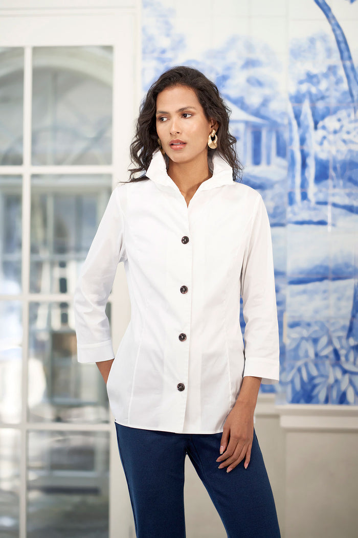 Ruffle Neck Button-Front Cotton Poplin Blouse | Ming Wang