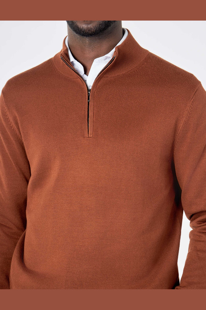 RUST BROWN 100% COTTON KNIT ZIP NECK JUMPER