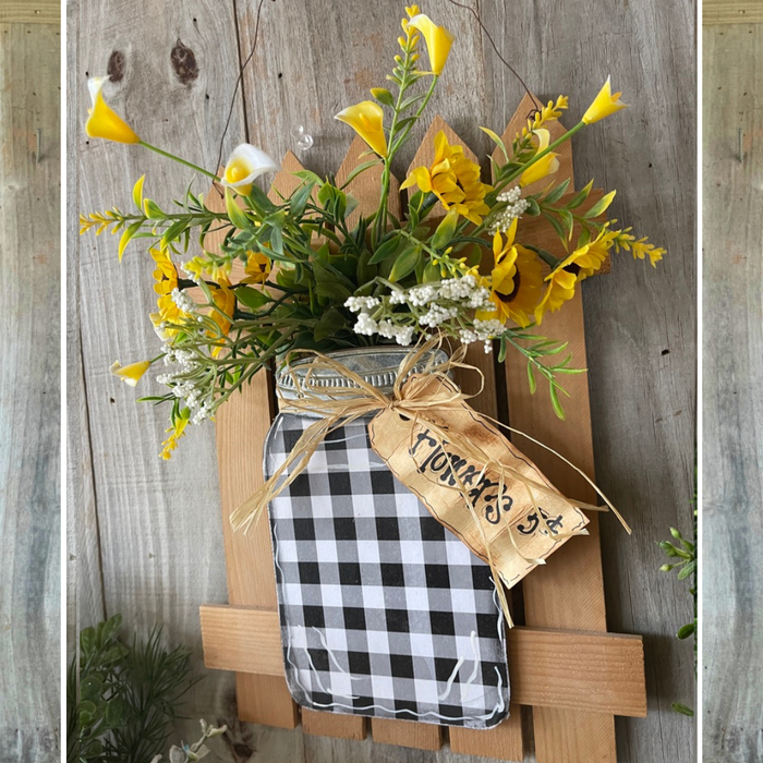 Rustic Sunflower Mason Jar Picket Fence Hanger