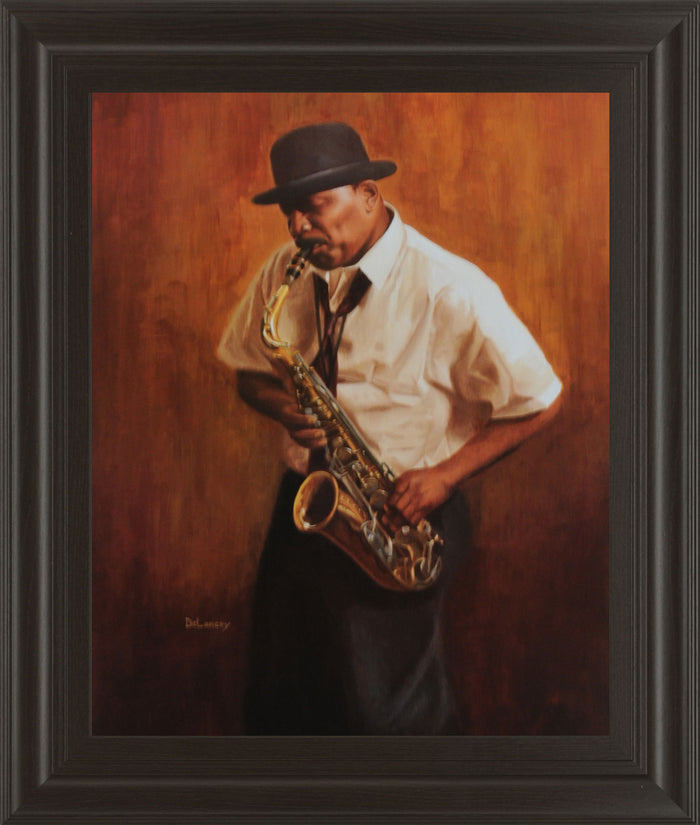 Sax Player - Framed Print Wall Art - Dark Brown