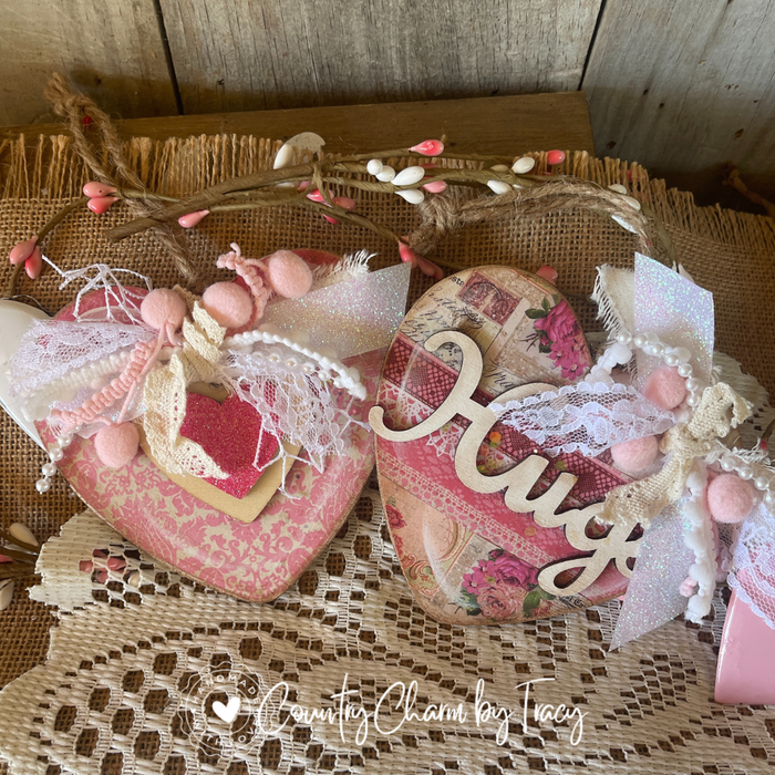 SET OF 4 – Pink & Cream Heart Ornaments or Bowl Filers - (Set 1)