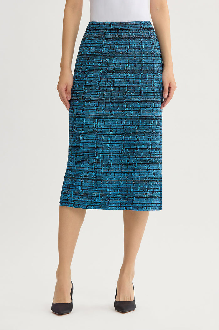 Side Slit Tweed Knit Pencil Skirt, Deep Teal/Tranquil Blue/Lunar Rock/Black | Ming Wang