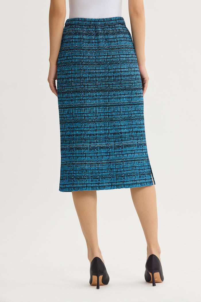 Side Slit Tweed Knit Pencil Skirt, Deep Teal/Tranquil Blue/Lunar Rock/Black | Ming Wang