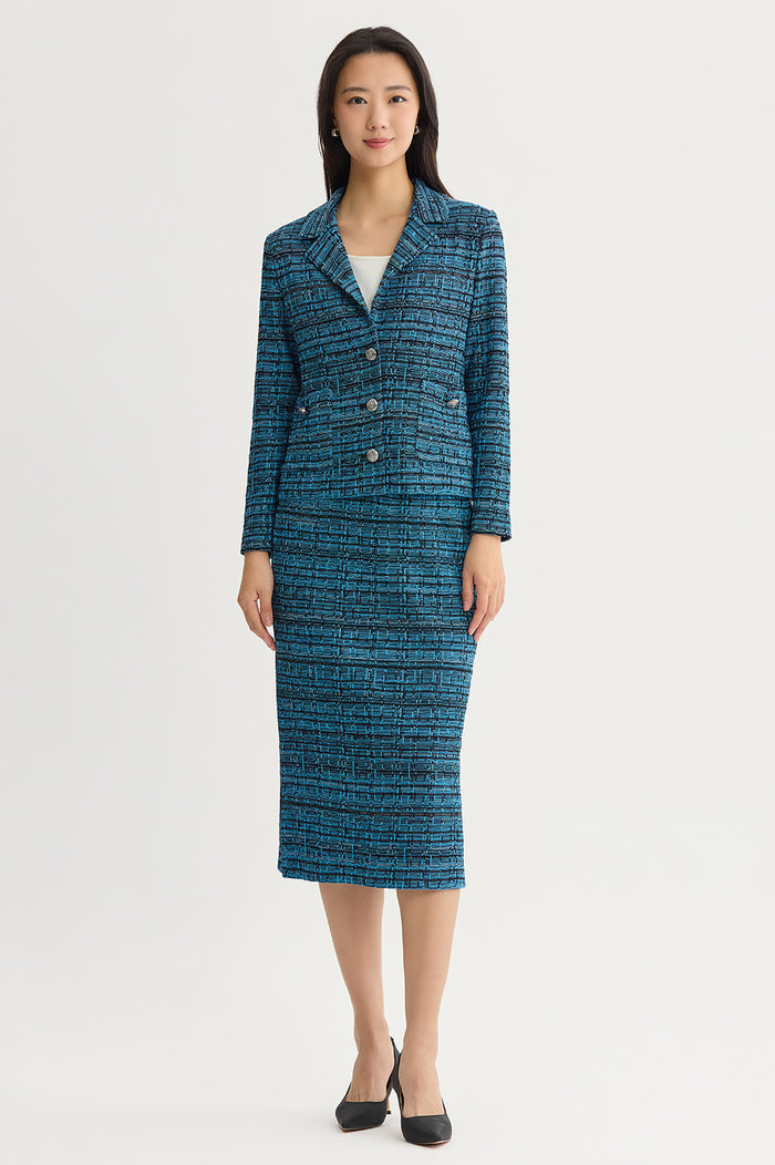 Side Slit Tweed Knit Pencil Skirt, Deep Teal/Tranquil Blue/Lunar Rock/Black | Ming Wang