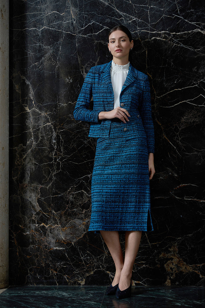 Side Slit Tweed Knit Pencil Skirt, Deep Teal/Tranquil Blue/Lunar Rock/Black | Ming Wang