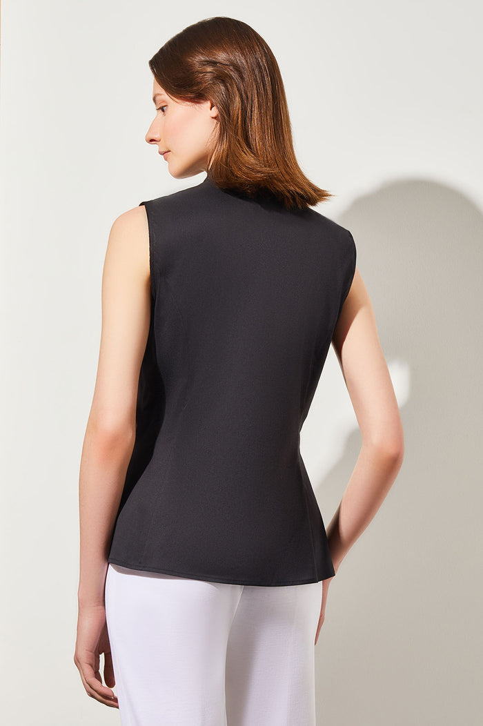 Sleeveless Zip-Up Stretch Cotton Shirt, Black | Ming Wang