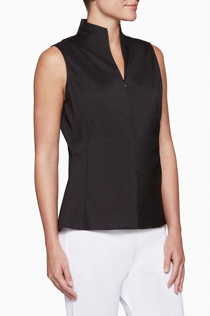 Sleeveless Zip-Up Stretch Cotton Shirt, Black | Ming Wang