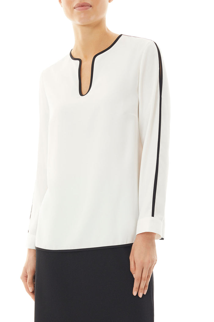 Slit Sleeve Crepe de Chine Blouse, White/Black | Ming Wang