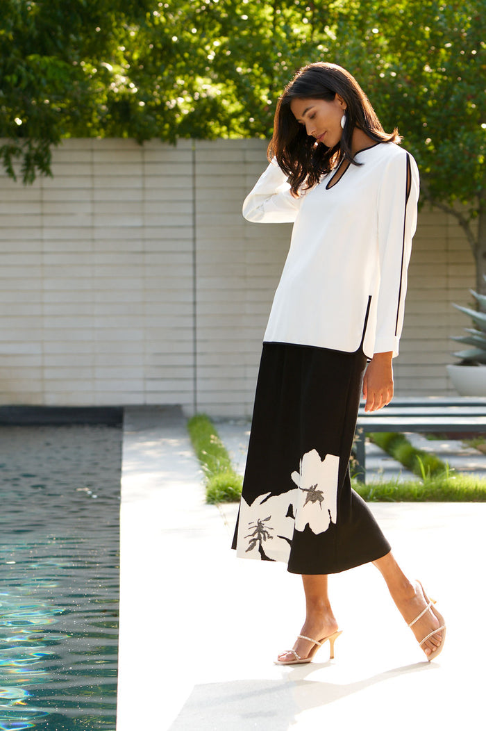 Slit Sleeve Crepe de Chine Blouse, White/Black | Ming Wang