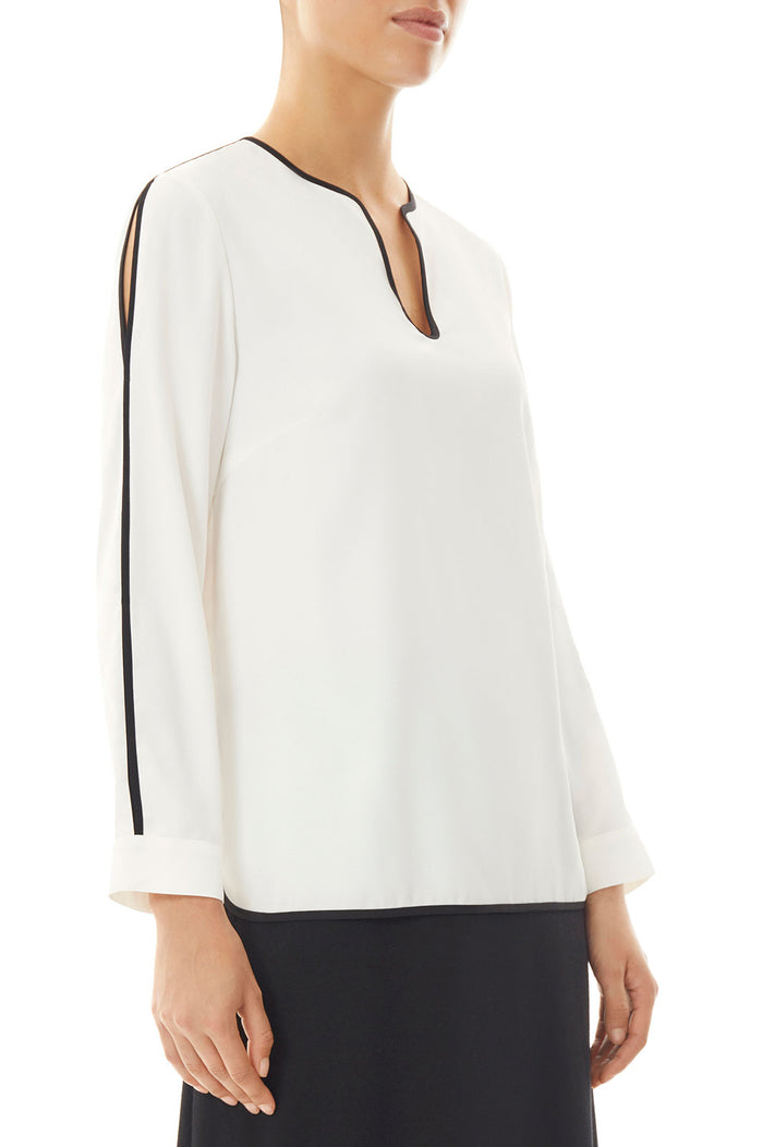 Slit Sleeve Crepe de Chine Blouse, White/Black | Ming Wang