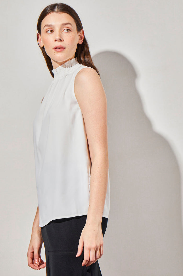 Smocked Neckline Crepe de Chine Blouse, White | Ming Wang