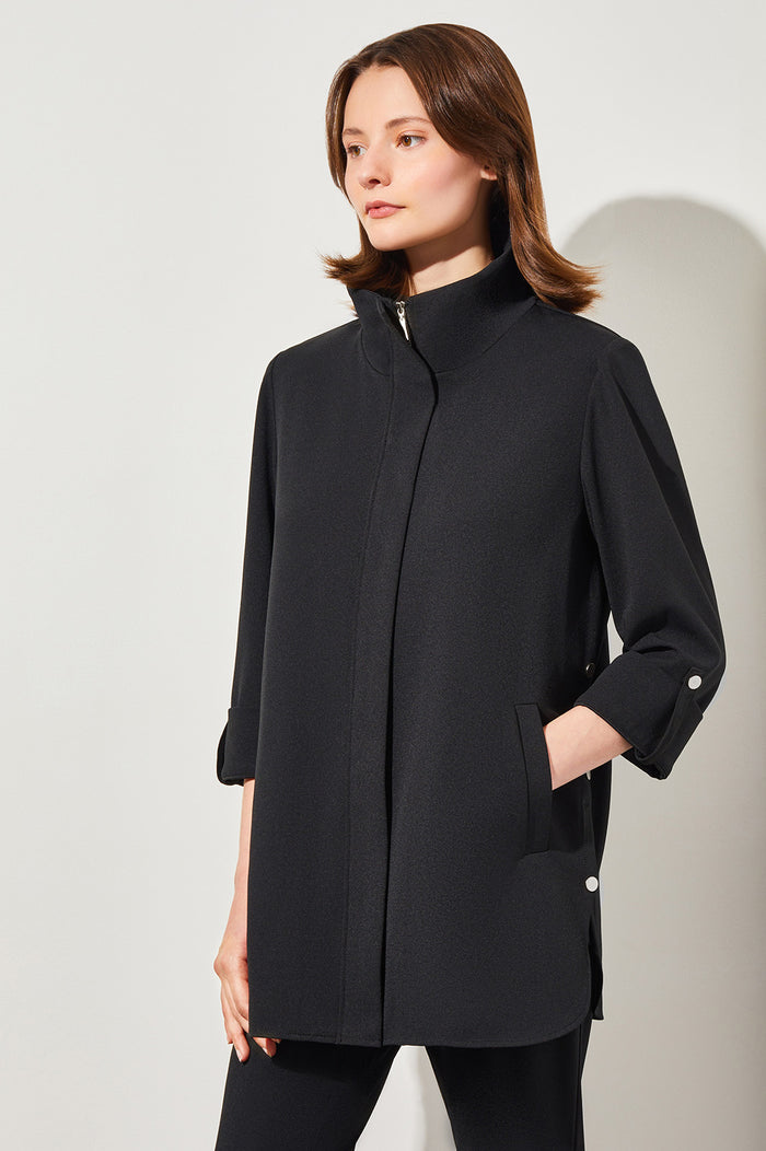 Snap Detail Zip-Up Deco Crepe Jacket, Black | Ming Wang