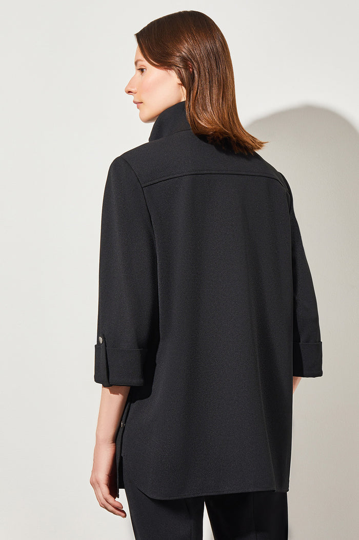 Snap Detail Zip-Up Deco Crepe Jacket, Black | Ming Wang